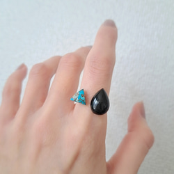 【天然石リング】ブラックオニキス × ブルーコッパーターコイズ 指輪 フォークリング 10枚目の画像