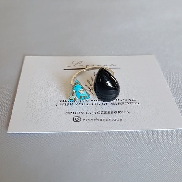 【天然石リング】ブラックオニキス × ブルーコッパーターコイズ 指輪 フォークリング 7枚目の画像