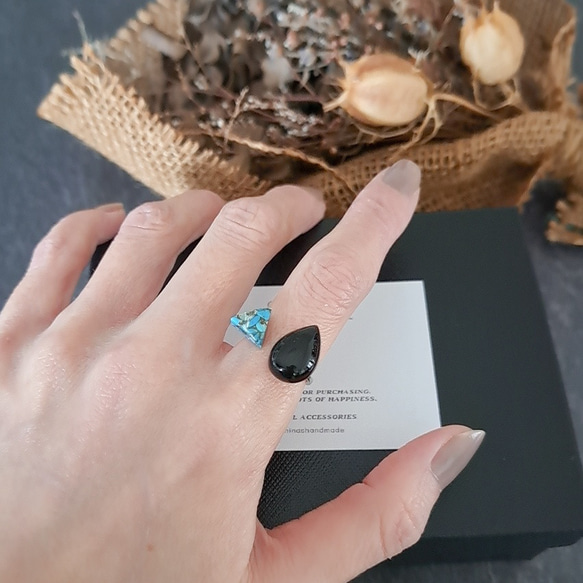 【天然石リング】ブラックオニキス × ブルーコッパーターコイズ 指輪 フォークリング 6枚目の画像