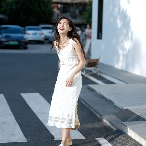 ノースリーブワンピース レースキャミソールワンピース 刺繍 ベージュ  