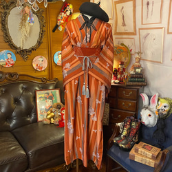 着物 洗える 化繊 ワンピース ドレス ハンドメイド リメイク 帯サッシュベルト  KW-291 5枚目の画像