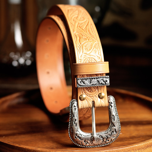 レザーカービングベルト 本革ハンドメイドベルト 手彫りヴィンテージ