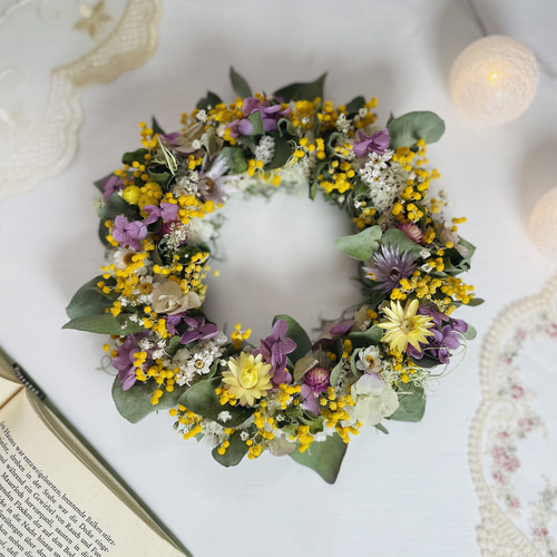 ミモザと紫アジサイの小さめリース リース Atelier sol daisy 通販  