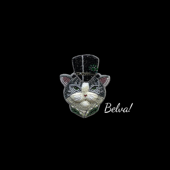 ビーズ刺繍のブローチ　-紳士的なネコ-cat 2枚目の画像