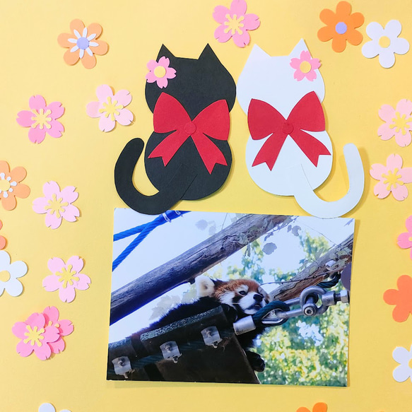ラミネート可　写真　色紙　手紙　壁面　アルバム　飾り　パーツ　～桜を眺める猫の恋人たち♪～　猫　黒猫　白猫　桜　花 4枚目の画像