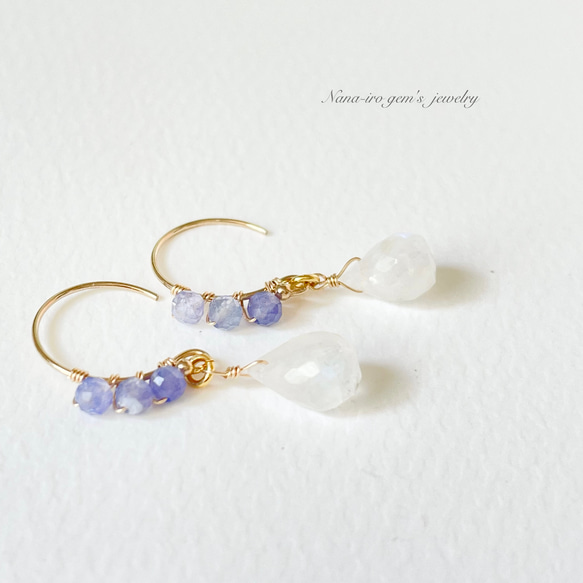 14kgf rainbowmoonstone × tanzanite pierce 4枚目の画像