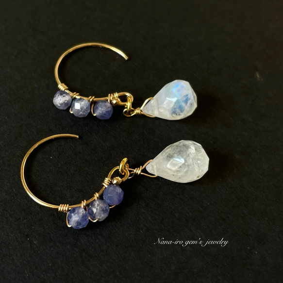 14kgf rainbowmoonstone × tanzanite pierce 5枚目の画像