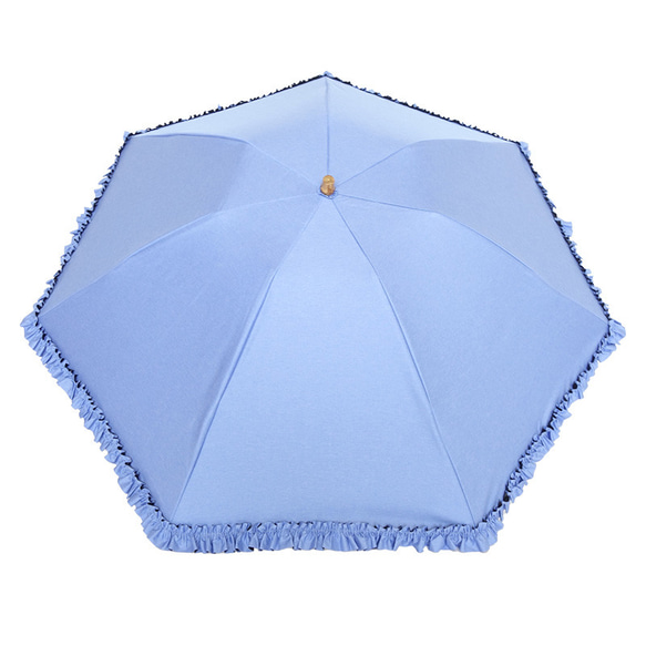 クラシコ 日傘 完全遮光 100% フリル　バンブーハンドル　デニム風　折り畳み 晴雨兼用 ギフト可 4枚目の画像