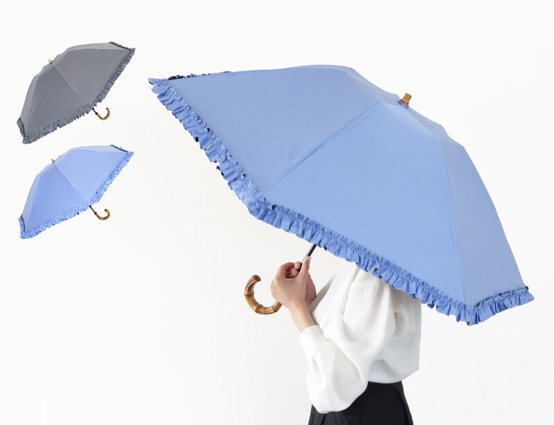 クラシコ 日傘 完全遮光 100% フリル　バンブーハンドル　デニム風　折り畳み 晴雨兼用 ギフト可