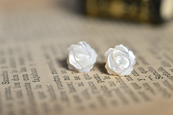 ホワイトシェル（白蝶貝）・薔薇　14KGFスタッズピアス〜ホワイトローズ 2枚目の画像
