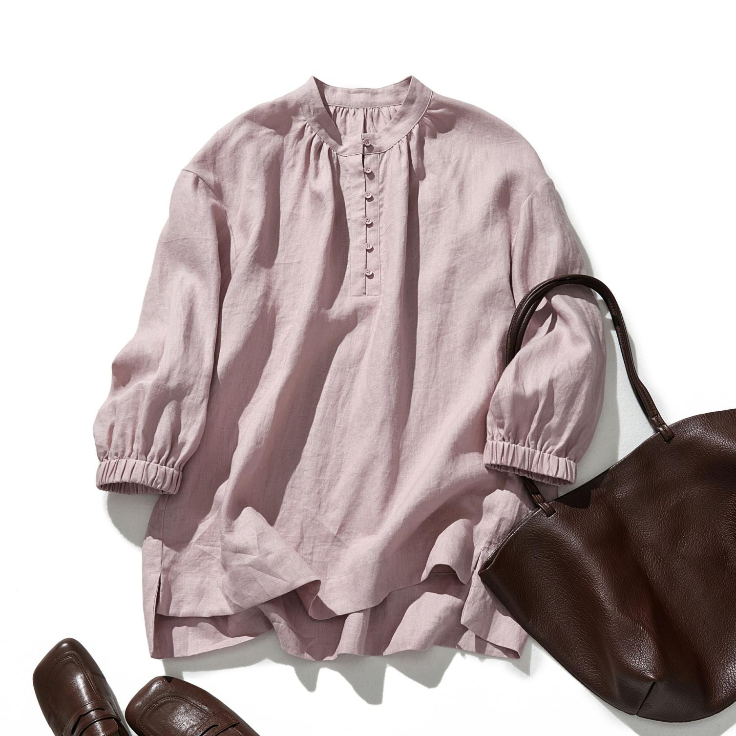 ナチュラルな風合いのリネン チュニック  ベルキーリネン使用　薄藤色　240311-3