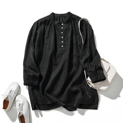 由 Belky 亞麻製成的天然紋理亞麻長袍，黑色 240311-6 第1張的照片