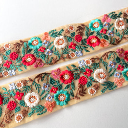 【50cm】インド刺繍リボン　シーグリーンxレッド　ネットSN986 1枚目の画像
