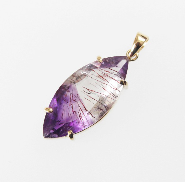 1点もの K18 ゲーサイトインアメジスト（マーキス）ペンダントトップ スーパーセブン アメジストエレスチャル 天然石