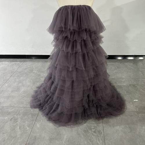 パープル カラードレス ソフトチュール ラッフルフリル ベアトップ 前  