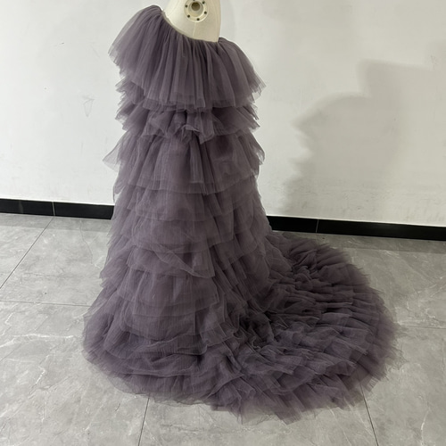 パープル カラードレス ソフトチュール ラッフルフリル ベアトップ 前  