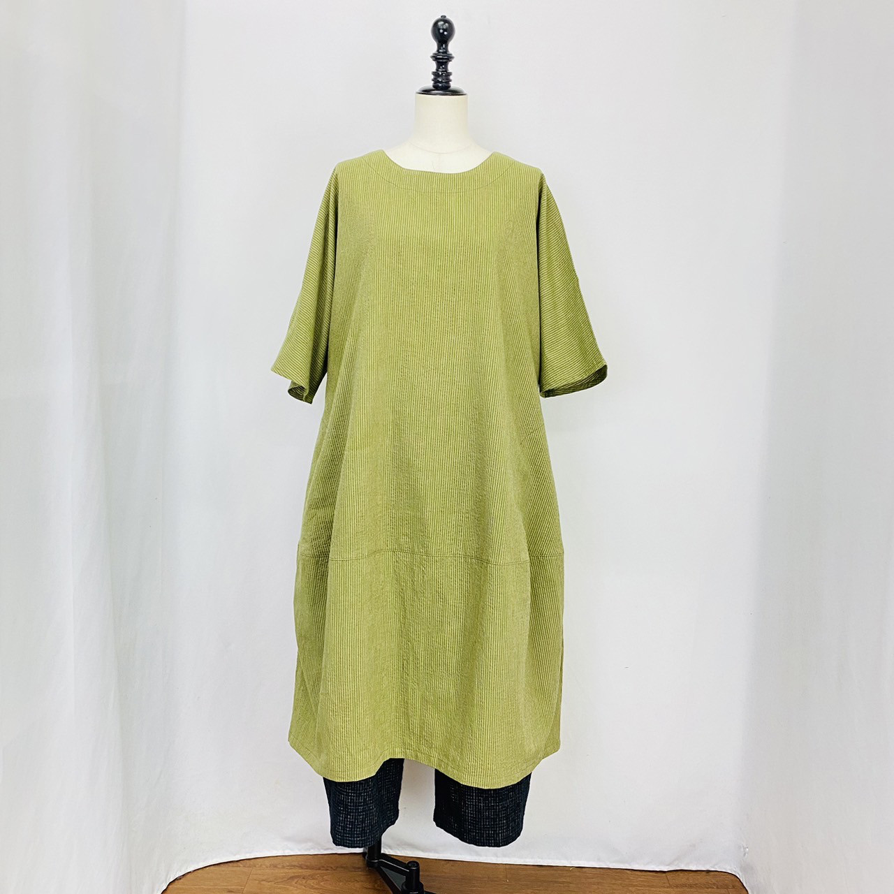【遠州織物】切替えコクーンワンピース 逆スラブストライプ 薄手 オーガニックコットン リーフグリーン