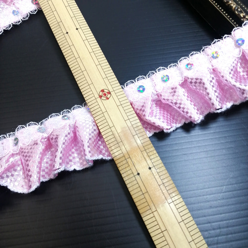 特別価格❣️ 5m キラキラパーツ付き ピンク フリルレース リボン