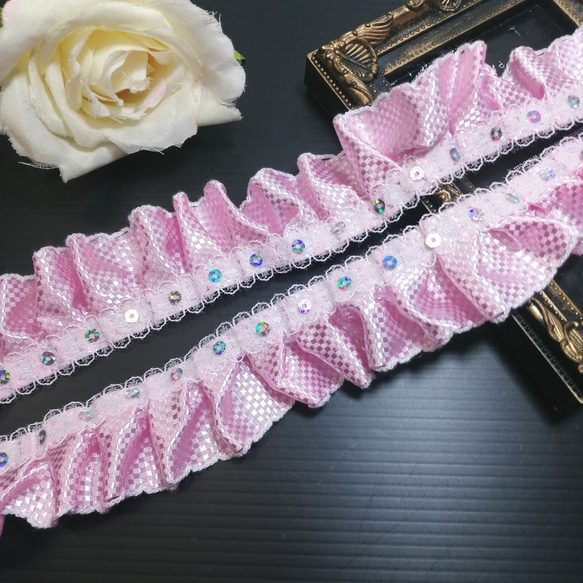 特別価格❣️ 5m キラキラパーツ付き ピンク フリルレース リボン