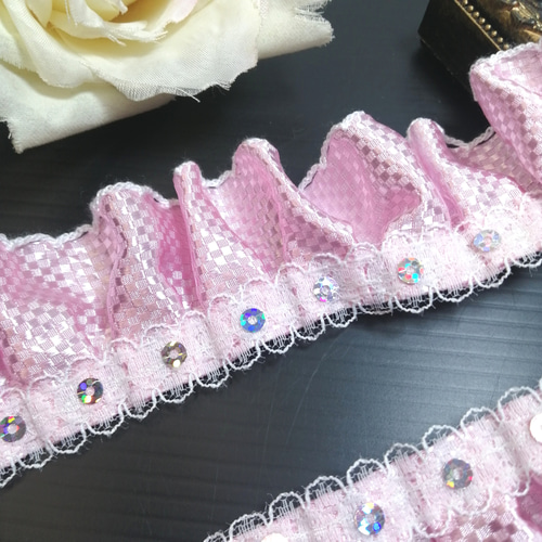 特別価格❣️ 5m キラキラパーツ付き ピンク フリルレース リボン