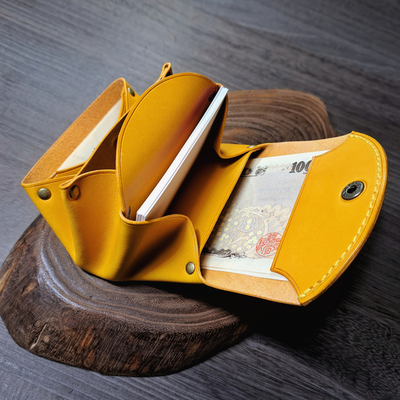 お札が折らずに入るミニ財布 アコーディオンウォレット イタリアンレザー イエロー 山吹色 ◇コンパクト財布 ポーチ 本革 3枚目の画像