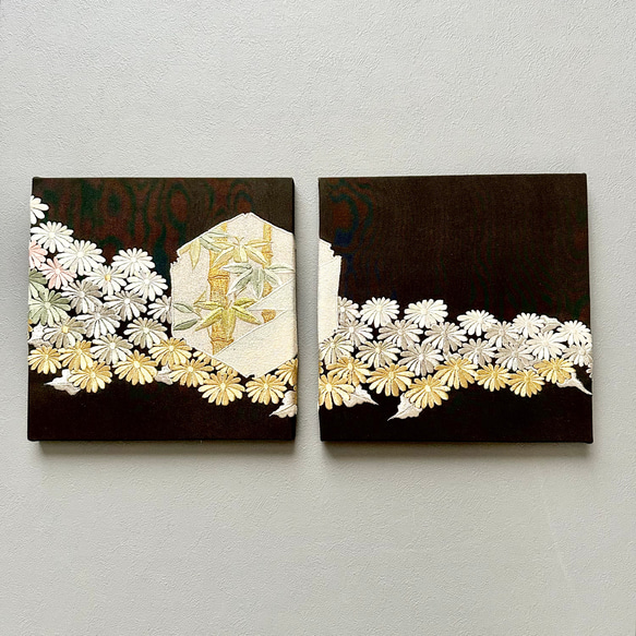着物のファブリックパネル　漆黒に輝く菊花（2枚セット）着物リメイク　インテリア　古民家　壁飾り　日本　ギフト　おしゃれ 2枚目の画像