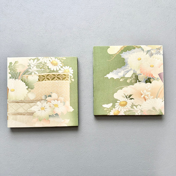 着物のファブリックパネル　アンティーク　鶯色に咲く花々（2枚セット）着物リメイク　インテリア　古民家　壁飾り　日本 3枚目の画像