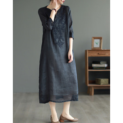 L o k a p a l a新品未使用　刺繍入り麻100% 7分袖ワンピース オレンジワンピース 7分袖ワンピース 刺繍ワンピース 【7分袖