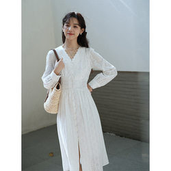 刺繍Vネックワンピース レース長袖ワンピース 100%コットン刺繍