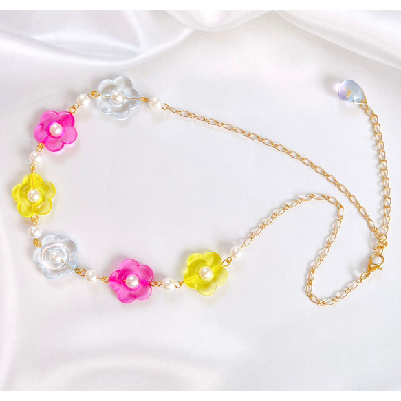 キッズ★pink＆yellowお花のビーズネックレス 2枚目の画像