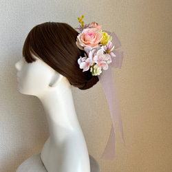 ミモザとピーチピンクの薔薇のヘッドドレス　ミモザ　リボン　チューリップ　髪飾り　成人式　卒業袴　結婚式　ウェディング　ヘ 9枚目の画像