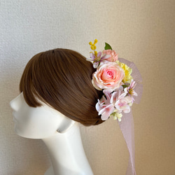 ミモザとピーチピンクの薔薇のヘッドドレス　ミモザ　リボン　チューリップ　髪飾り　成人式　卒業袴　結婚式　ウェディング　ヘ 10枚目の画像