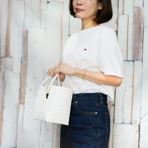 ホワイト編み込みかごバッグ S＋サイズ】編み込みホワイト 2WAYプラカゴバッグ かごバッグ