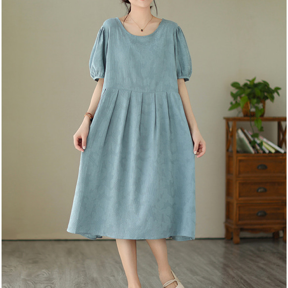 水色ワンピース、ゆったりワンピース 大人カジュアルワンピース【半袖