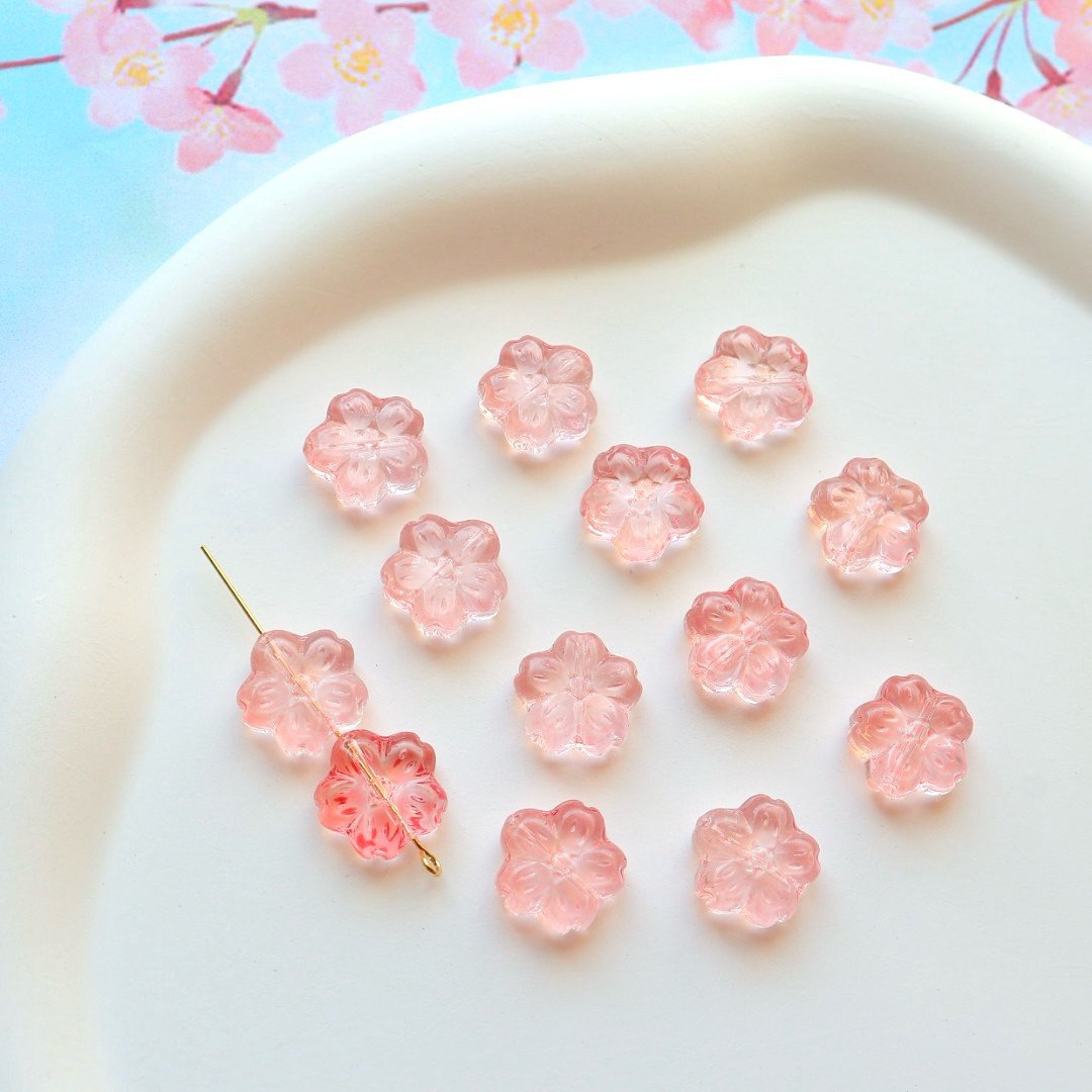 新作☆14mm 桜 桃の花 お花のガラスビーズ ピンク ビーズ handmade
