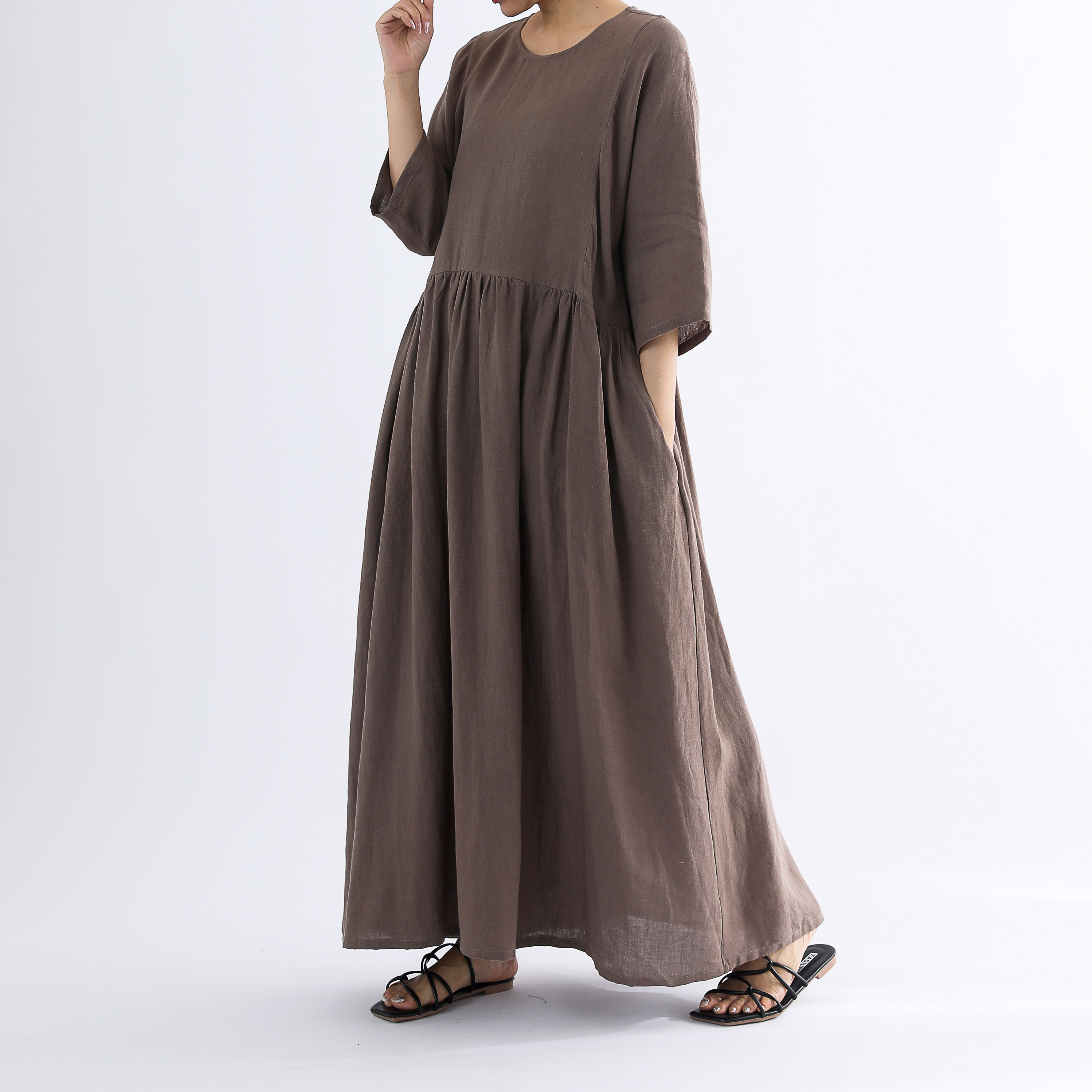 リネン 麻100％ 近年.極美品☆イチアンティークス ギャザー ロングワンピース