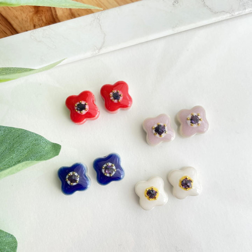 アネモネ 春 お花 フラワー 美濃焼 陶器 タイル ピアス イヤリング