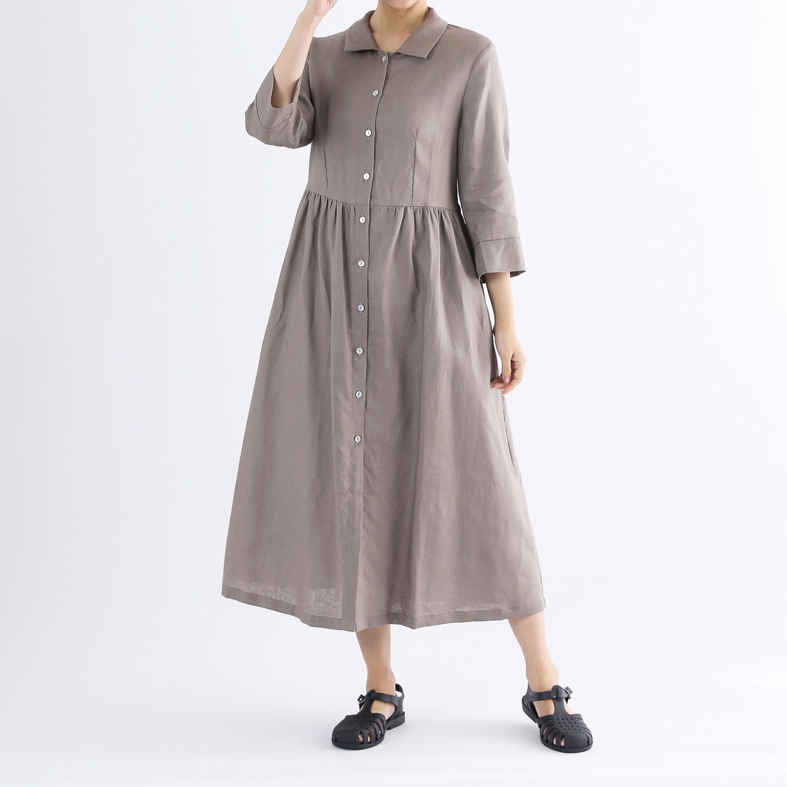 リネン100％ギャザーロングワンピース・モカ・サイズオーダーok