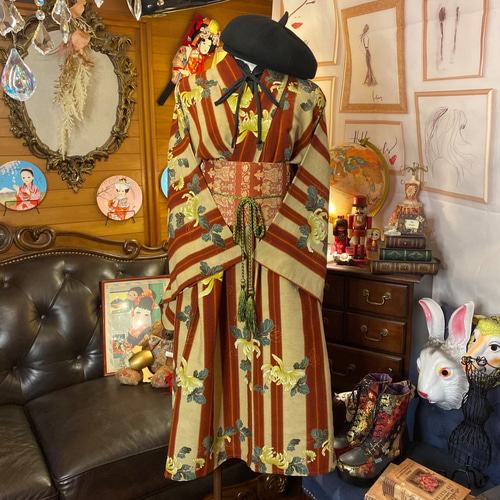 単衣着物 ワンピース ドレス ハンドメイド リメイク 帯サッシュベルト