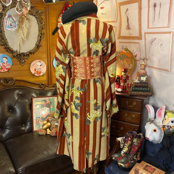 単衣着物 ワンピース ドレス ハンドメイド リメイク 帯サッシュベルト  KW-297 6枚目の画像
