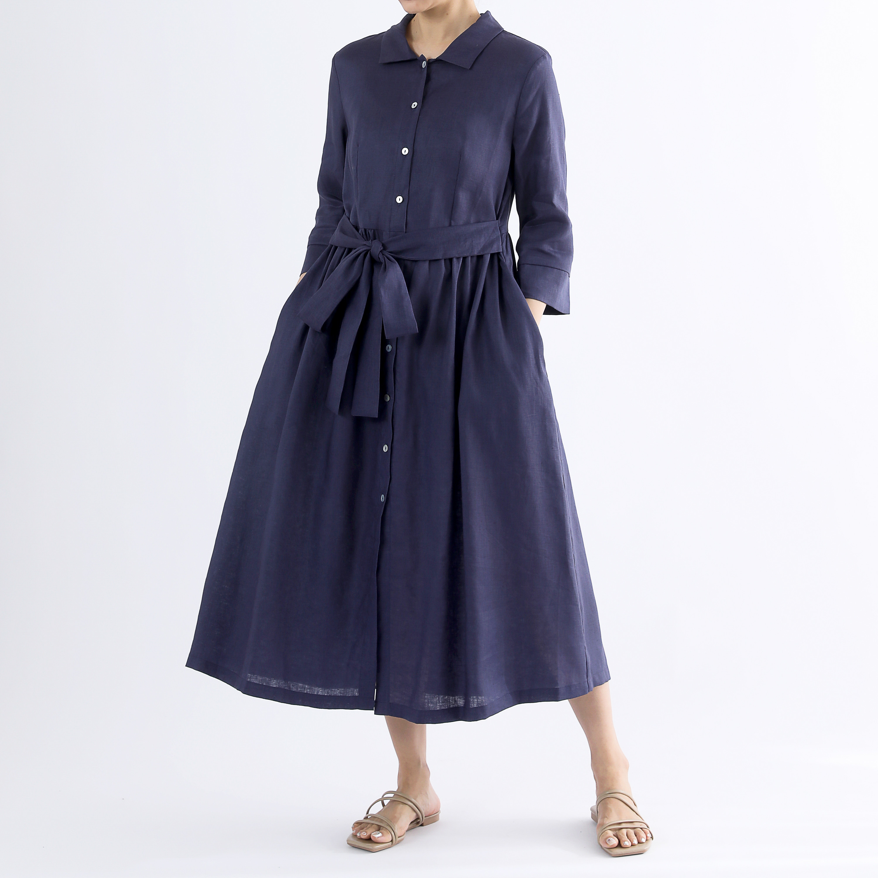 リネン100％ギャザーロングワンピース・ネイビー・サイズオーダーok