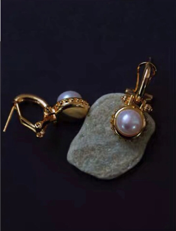《ナツメグ》オリジナルデザイン 天然パール ピアス 上質 レトロ ゴールド キラキラ  天然真珠 9枚目の画像