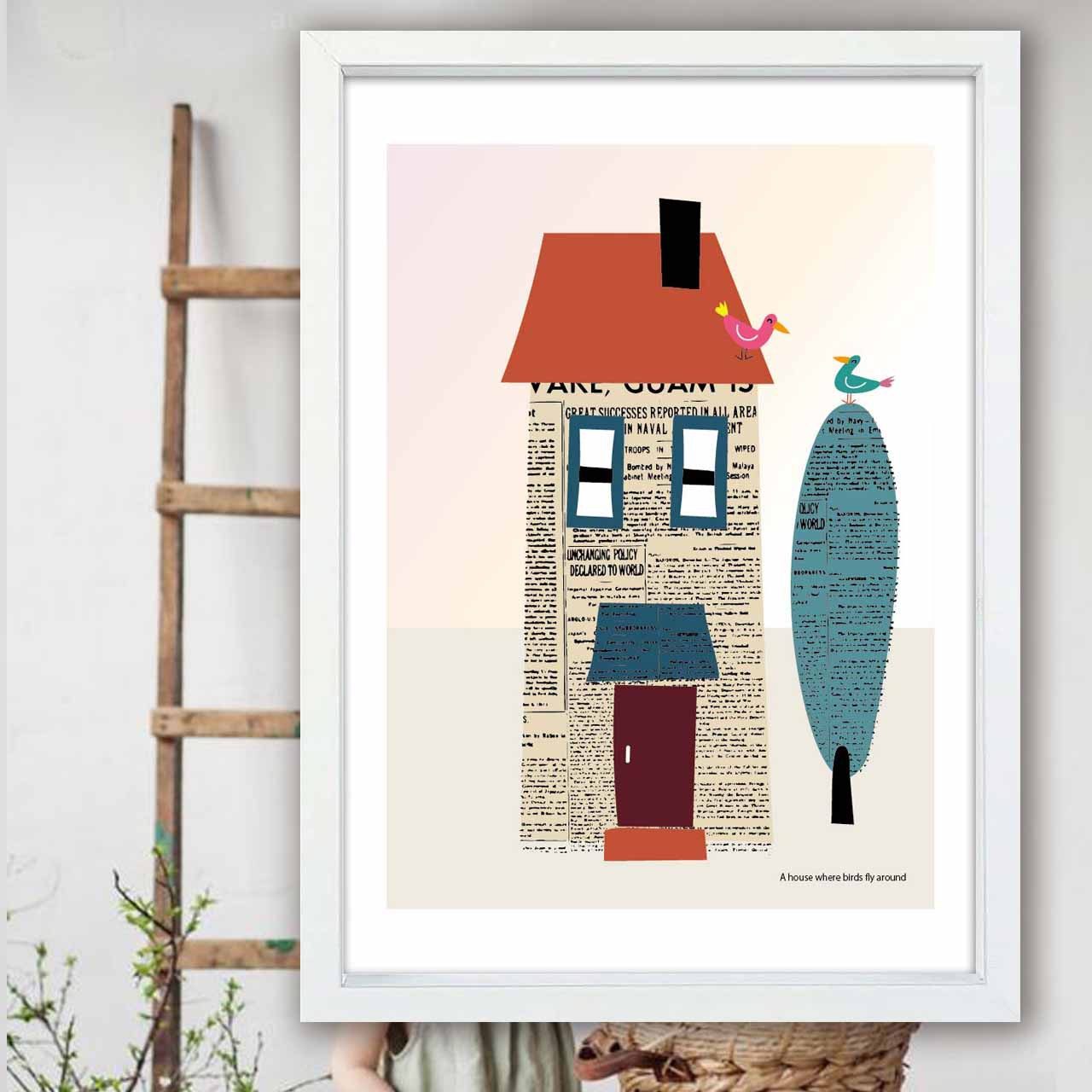 小鳥が飛び交う家　鳥　イラスト　ポスター　A4 A3 A2 A1　アート  　アートポスター　sei検索　2579