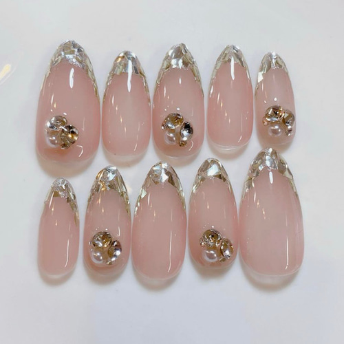 サイズオーダー ガラスフレンチ ネイルチップ ワンホン シンプル  