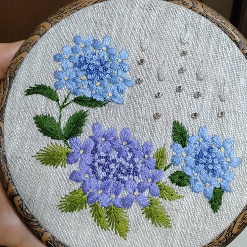 紫陽花　刺繍　額装 あじさいの刺繍 額装品
