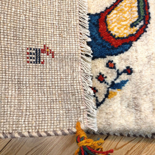 新規入荷】ペルシャ ギャッベ 玄関マット 85x58cm 鳥 花