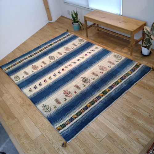 ペルシャ　ギャッベ　ランナー中　143×50　青　藍色　ラクダ ペルシャ ギャッベ ランナー中 143×50 青 藍色 ラクダ