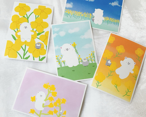 菜の花シロ&ペン 5枚セット ポストカード はがき かわいい 春 文房具