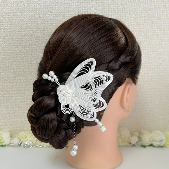 成人式卒業式結婚式・和装水引髪飾り・蝶・ホワイト 2枚目の画像