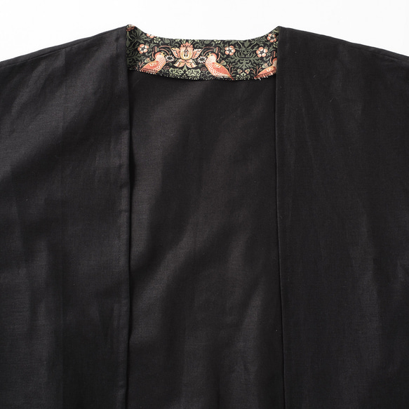 軽く羽織れる 春夏リネンコットン ロングカーディガン 紫外線 冷房対策にも ウィリアムモリス いちご泥棒 ブラック 15枚目の画像